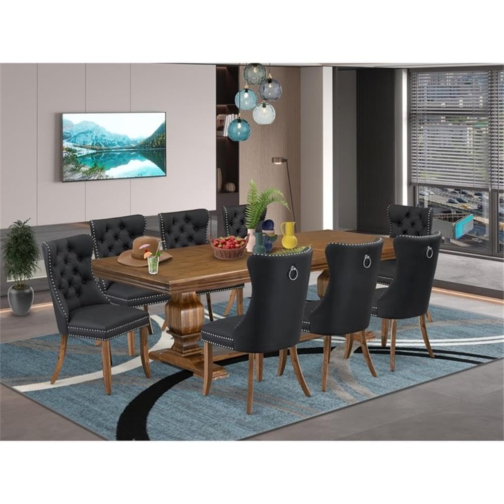 9-Piece Acacia Wood Dining Table Set with Faux Leather Chairs L7049