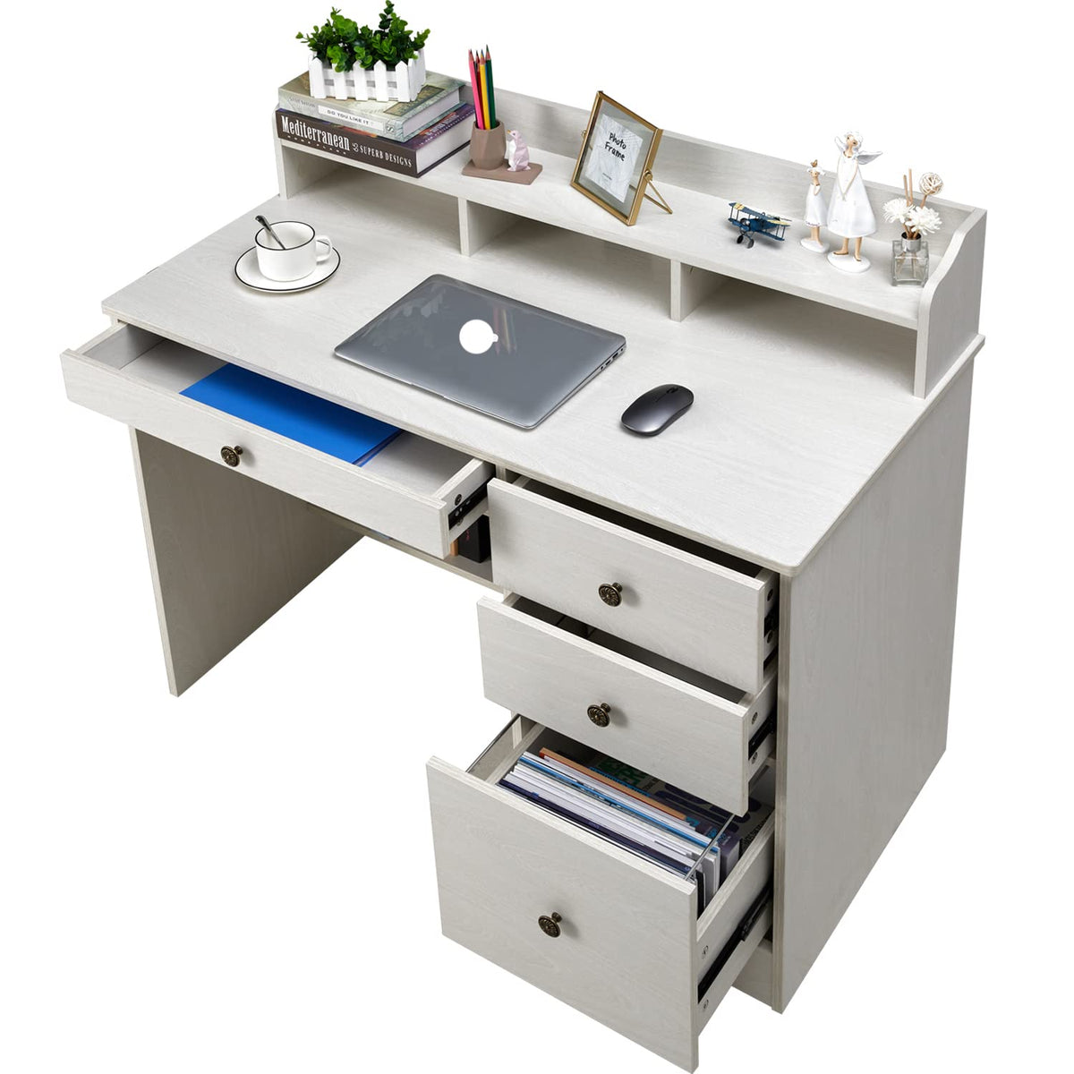 Oak White Computer Desk with 4 Drawers and Hutch Shelf K465332
