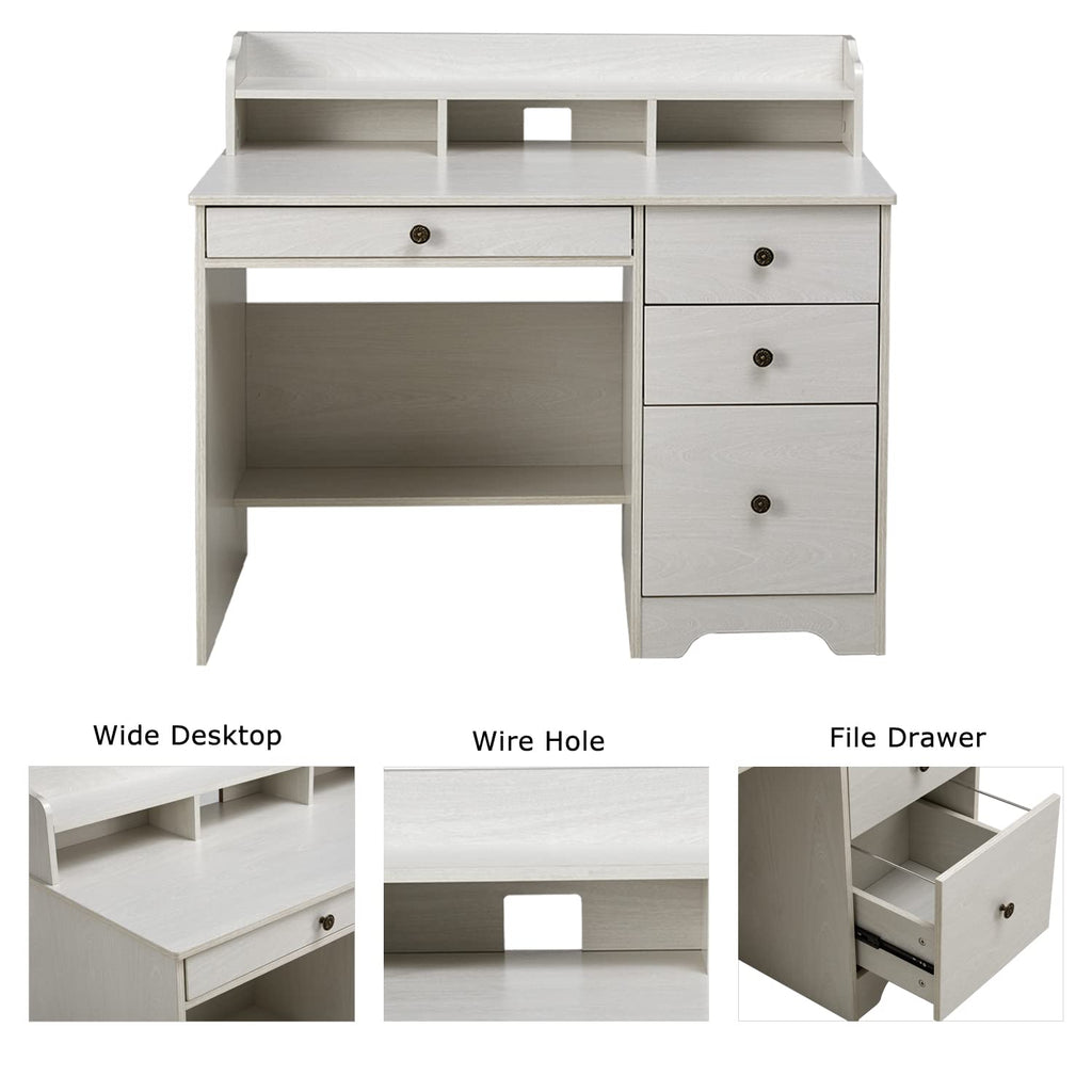 Oak White Computer Desk with 4 Drawers and Hutch Shelf K465332