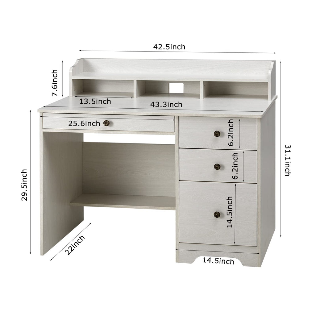 Oak White Computer Desk with 4 Drawers and Hutch Shelf K465332