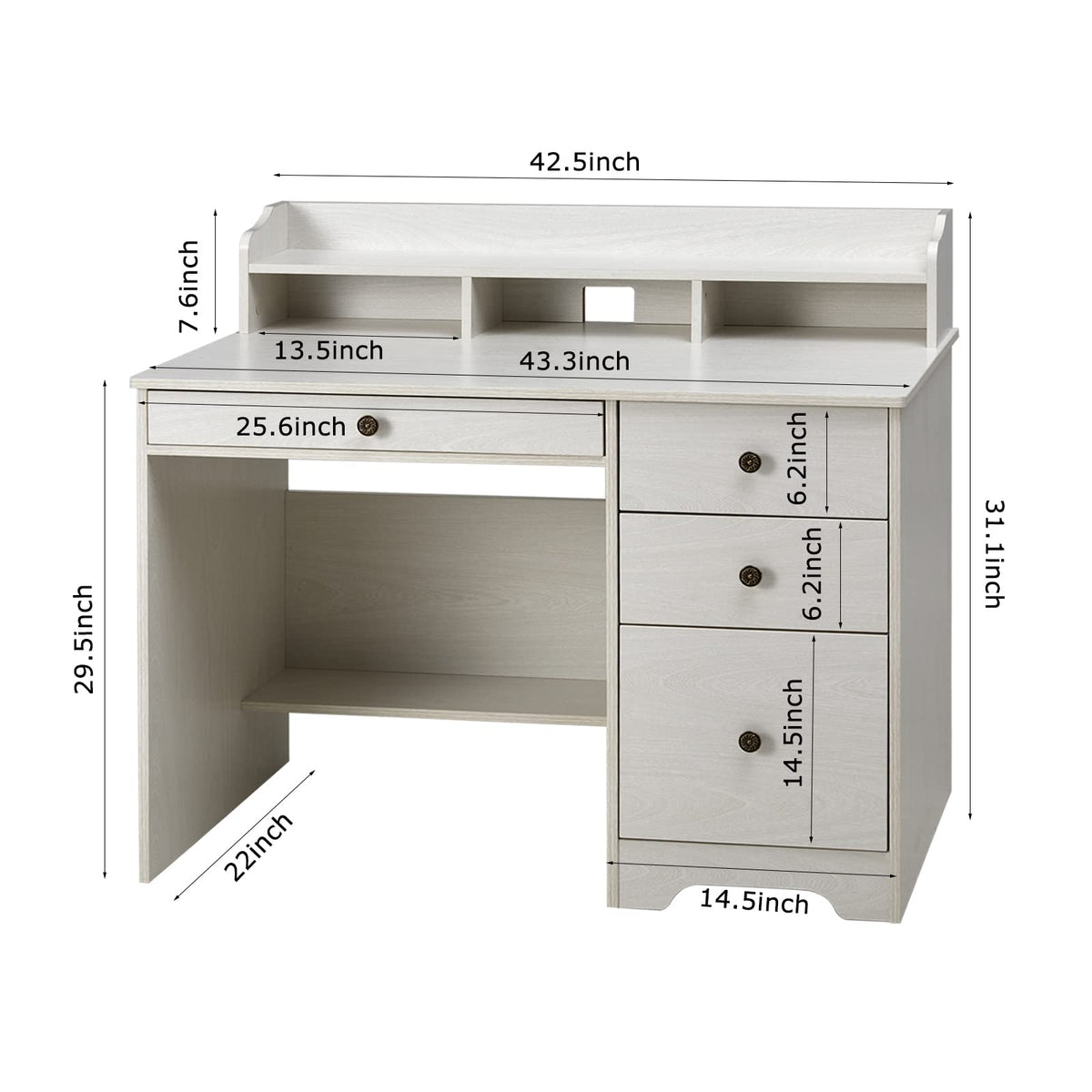 Oak White Computer Desk with 4 Drawers and Hutch Shelf K465332