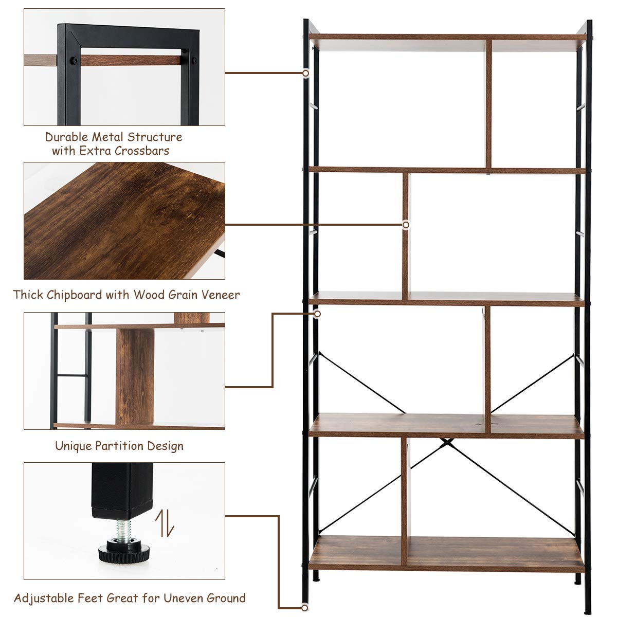 5-Tier Wood Bookshelf with Metal Frame A697