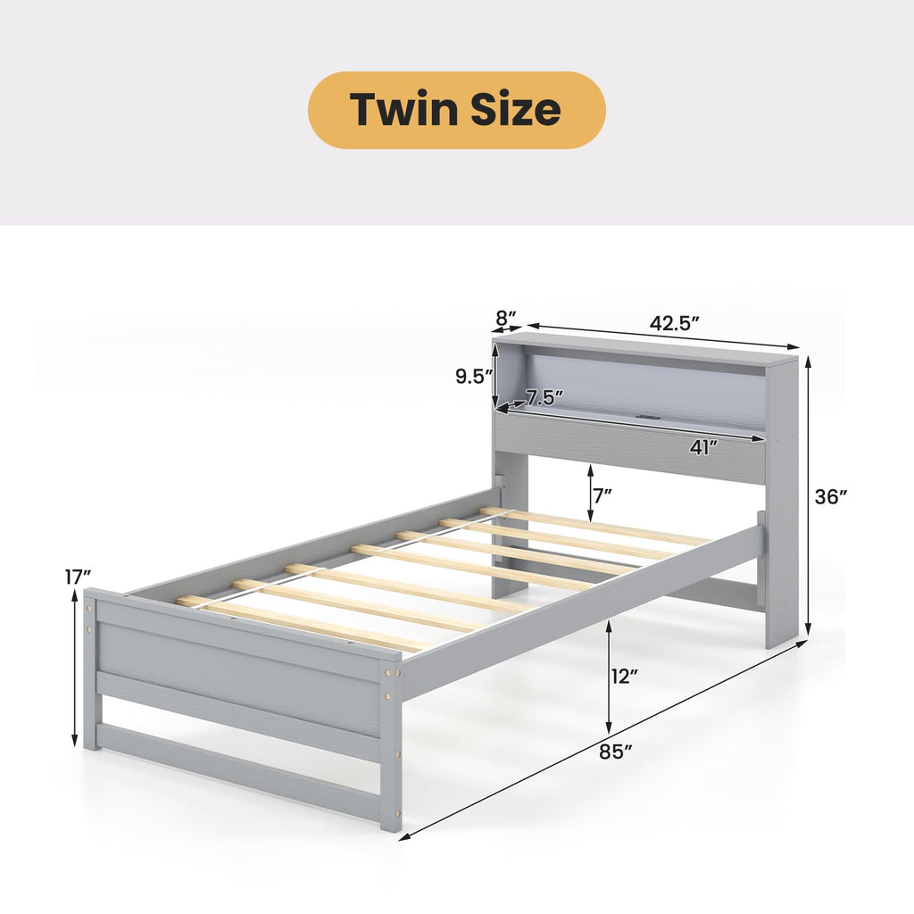 Twin Wood Platform Bed with Storage Headboard and Charging Station W754