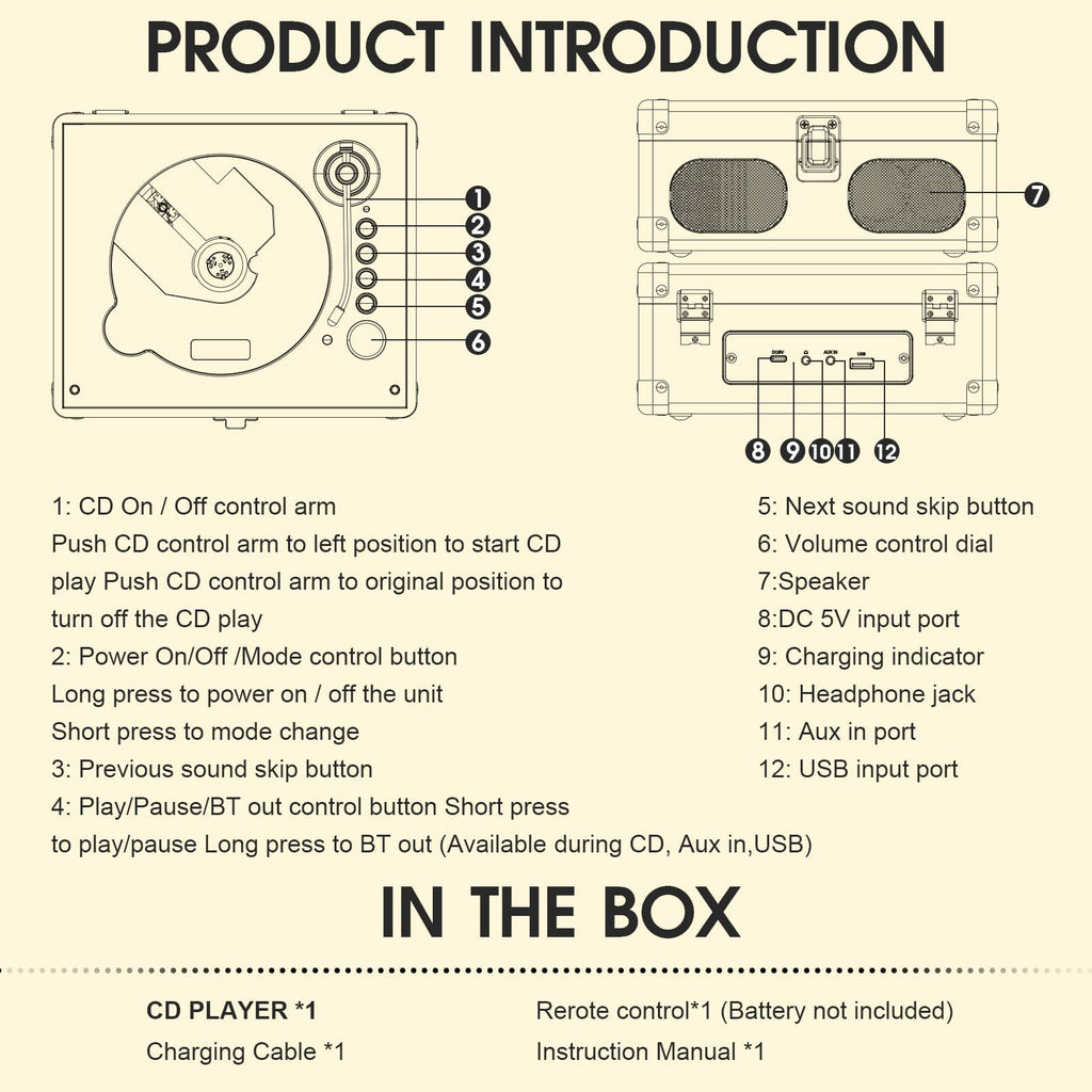 Black Portable CD Player with Speakers, Bluetooth, Remote Control, USB Playback G20280