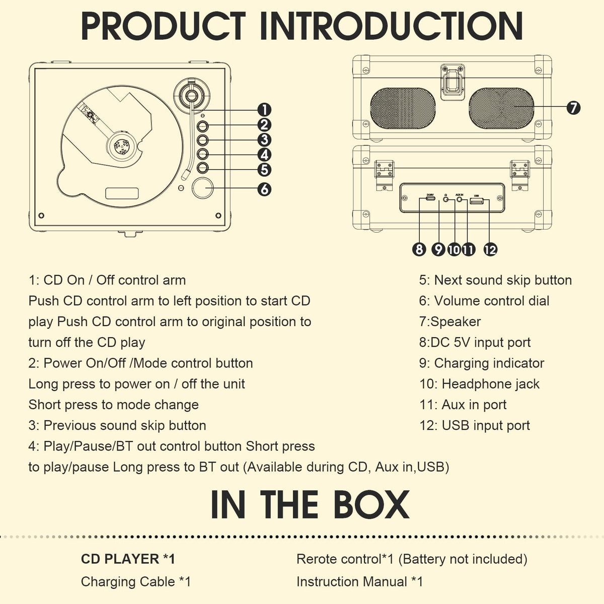 Black Portable CD Player with Speakers, Bluetooth, Remote Control, USB Playback G20280
