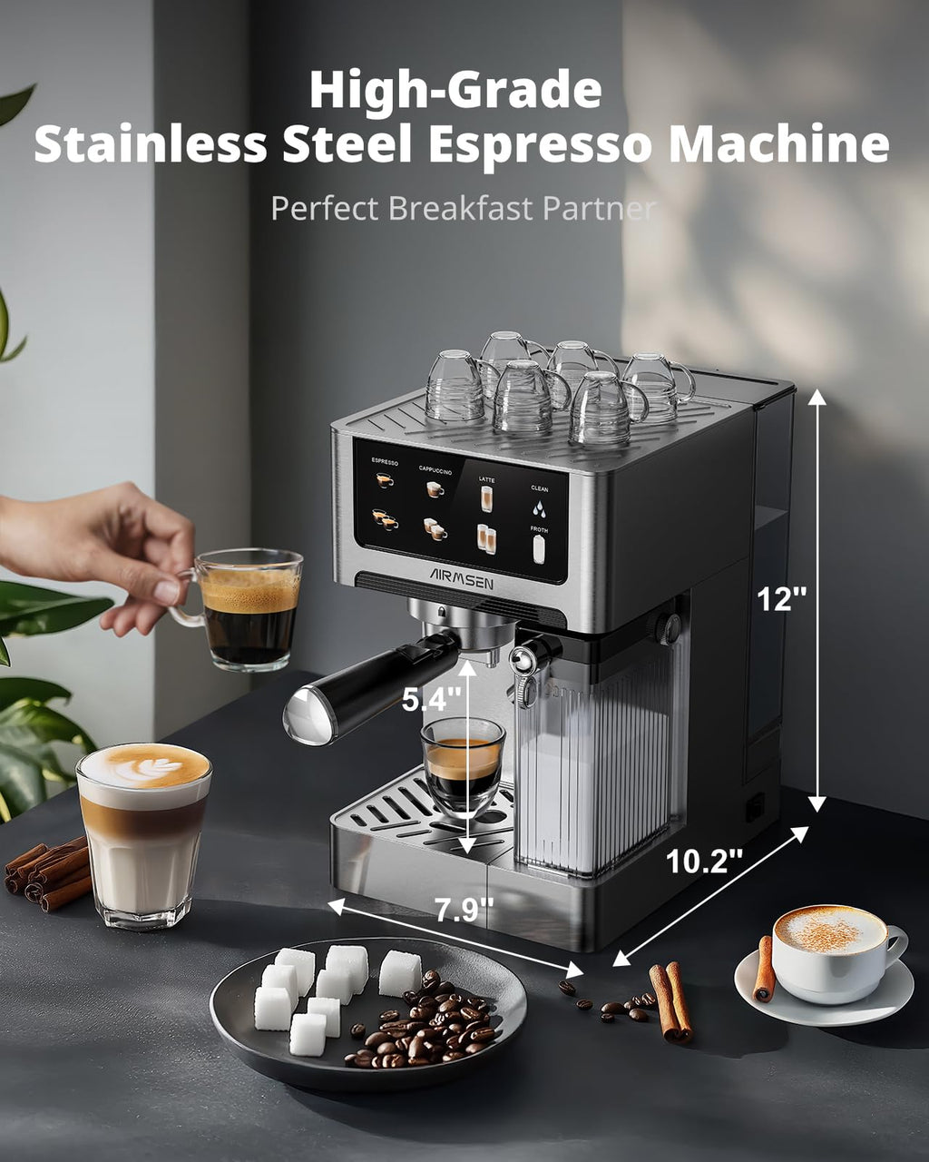 20 Bar Espresso Machine with Milk Frother, Stainless Steel, 60oz Water Tank U4894