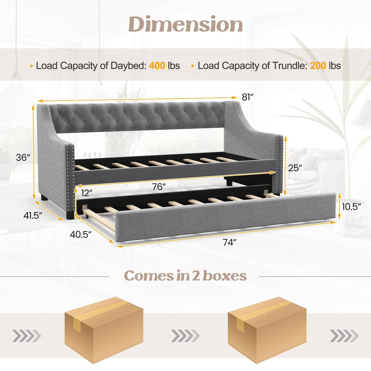 Upholstered Twin Daybed with Trundle Grey E306