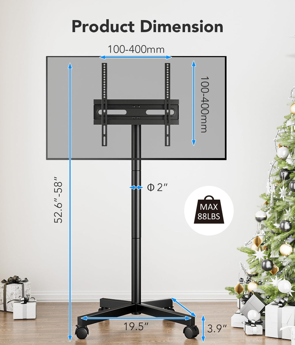 Mobile TV Cart Stand with Wheels, Height Adjustable, Holds up to 88 lbs F53528
