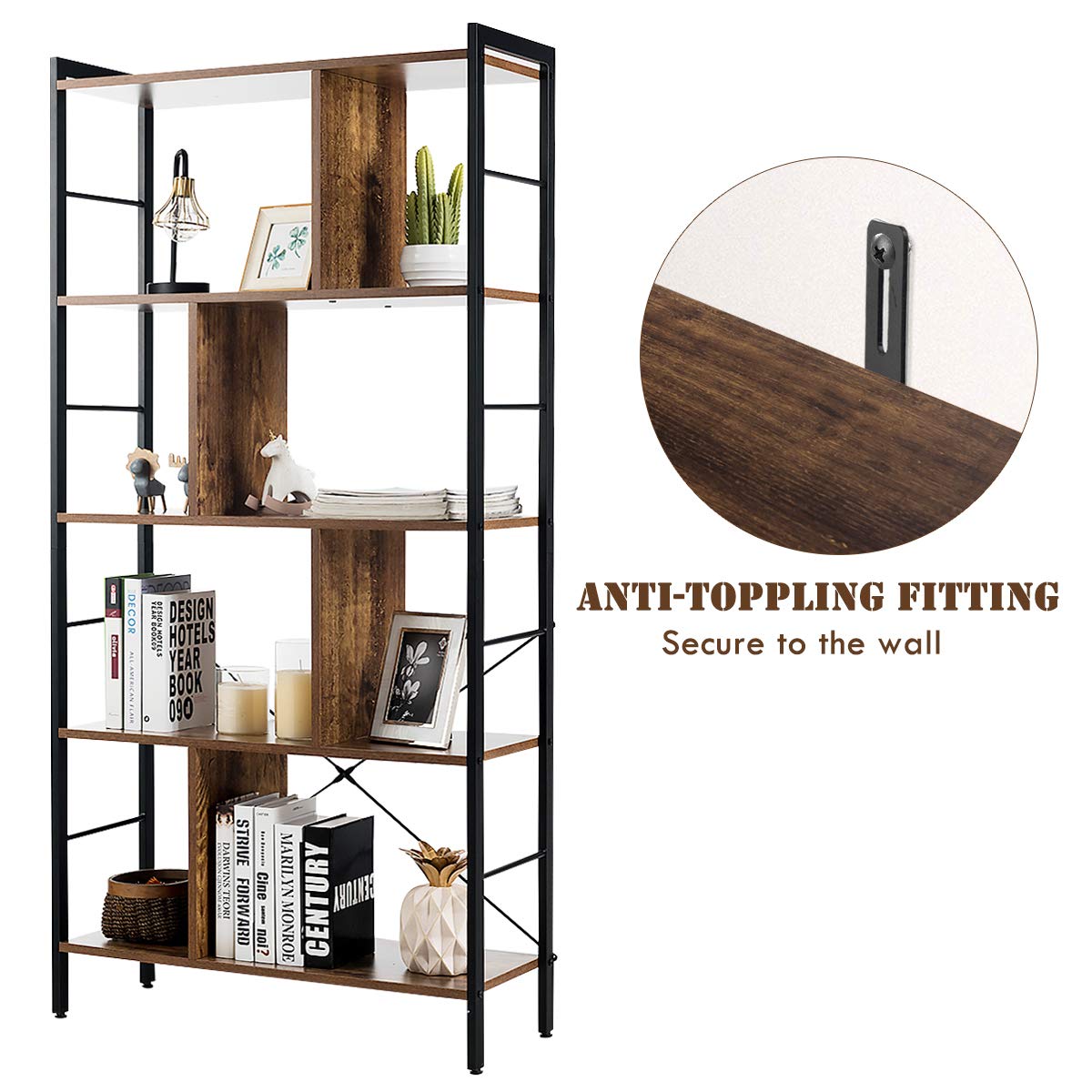 5-Tier Wood Bookshelf with Metal Frame A697