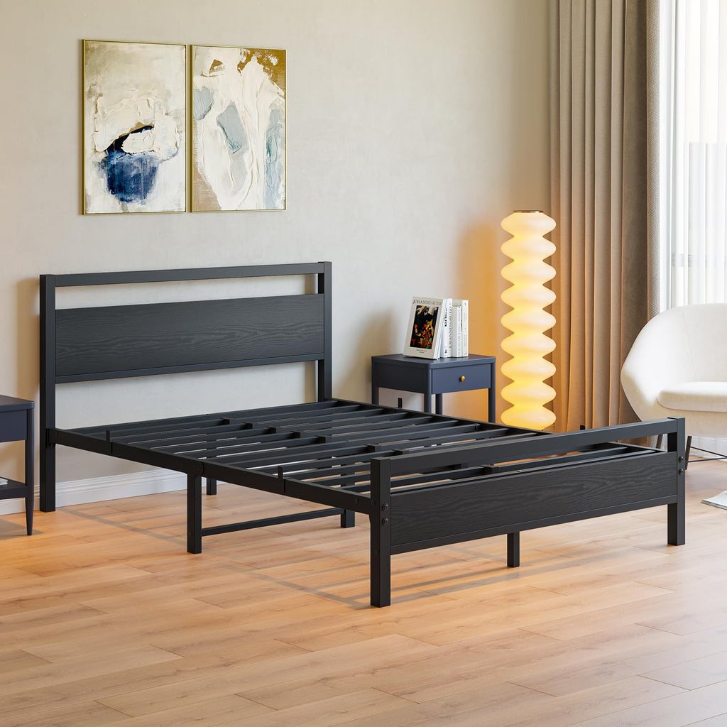 Black Full Size Bed Frame with Wood Headboard and Storage A468979