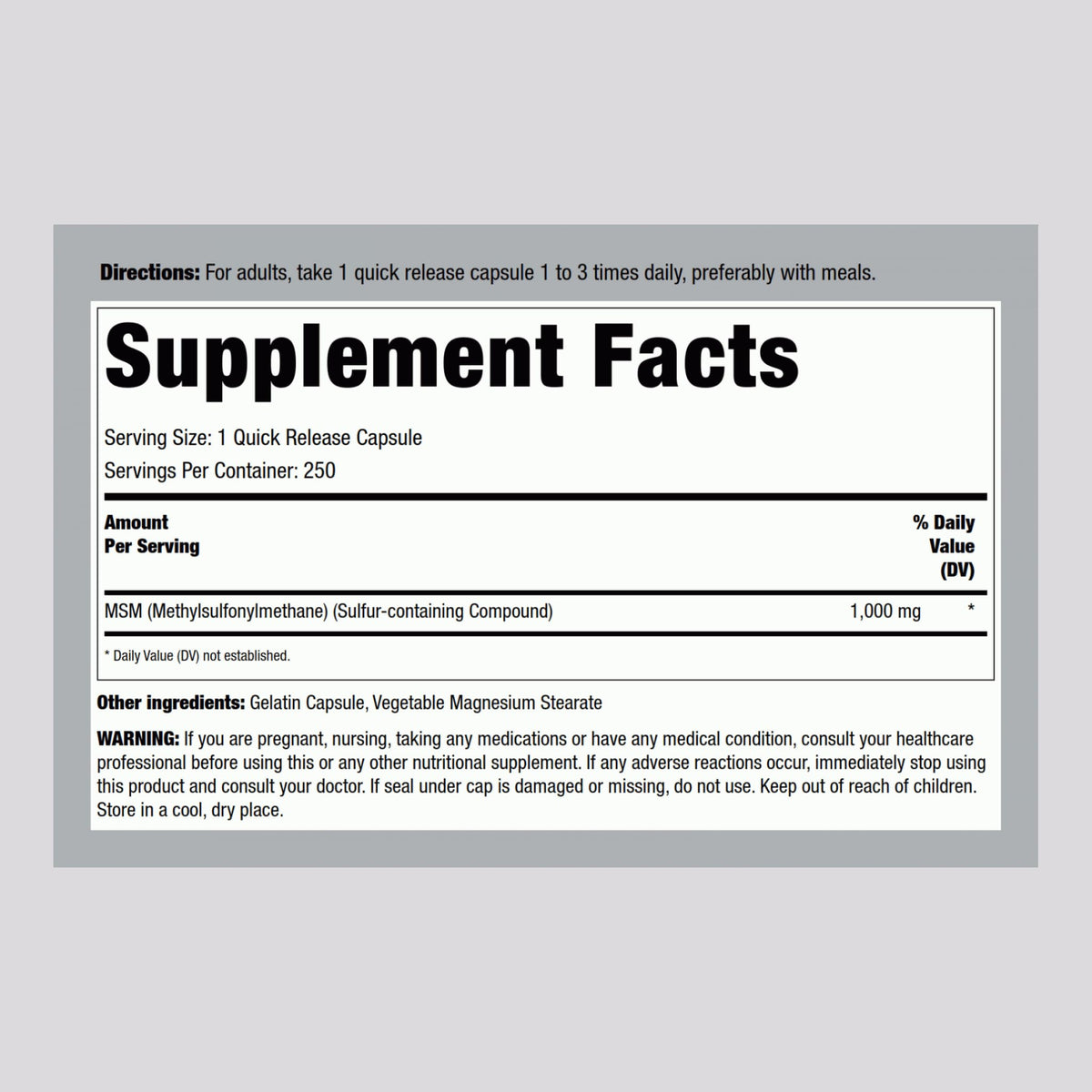 MSM 1000mg Capsules 250 Count K5383