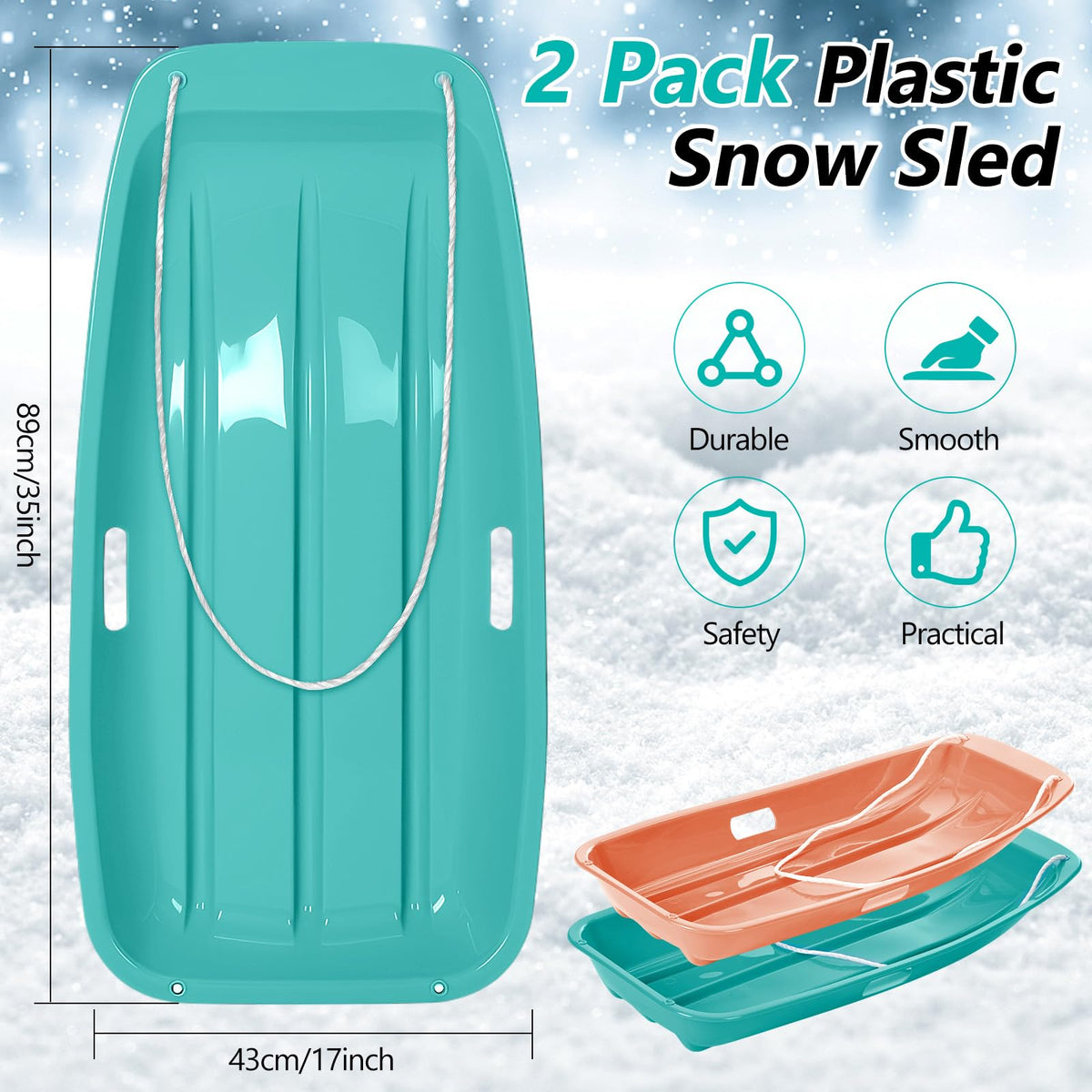 2 Pcs Plastic Snow Sled with Pull Rope and Handles Q275373