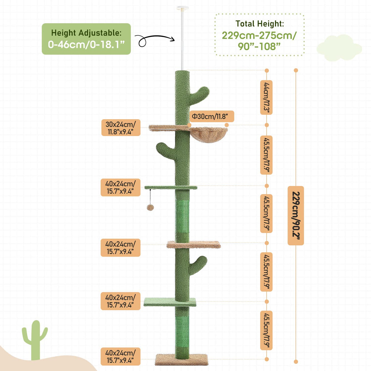 Cactus Floor-to-Ceiling 5-Tier Cat Tree with Hammock R89495