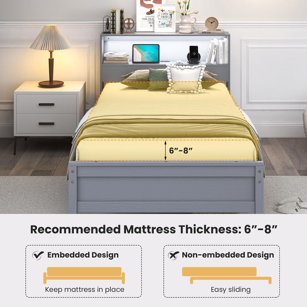 Twin Wood Platform Bed with Storage Headboard and Charging Station W754