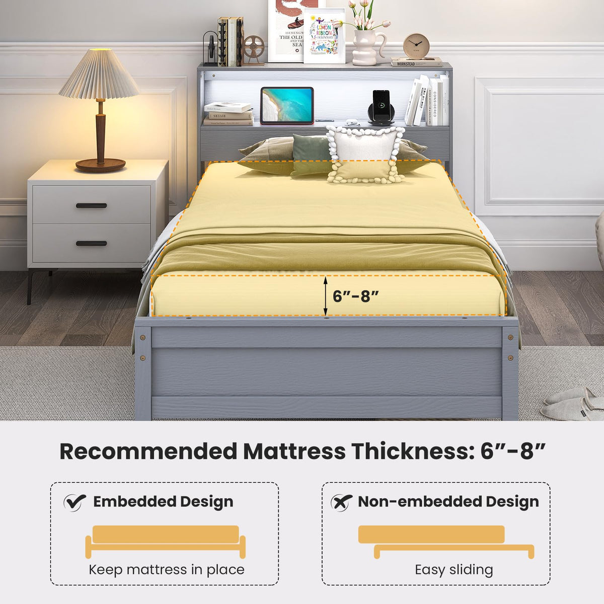 Twin Wood Platform Bed with Storage Headboard and Charging Station W754