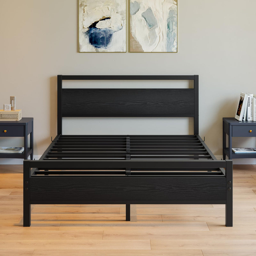 Black Full Size Bed Frame with Wood Headboard and Storage A468979