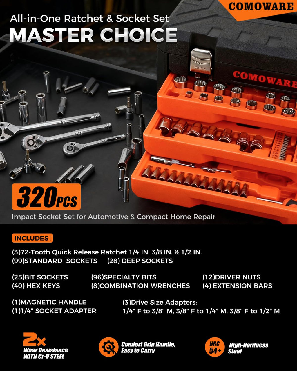 320-Piece Mechanic Tool Set with Case, 1/4" 3/8" 1/2" Drive SAE & Metric Socket Wrench Set, CR-V Steel D4684