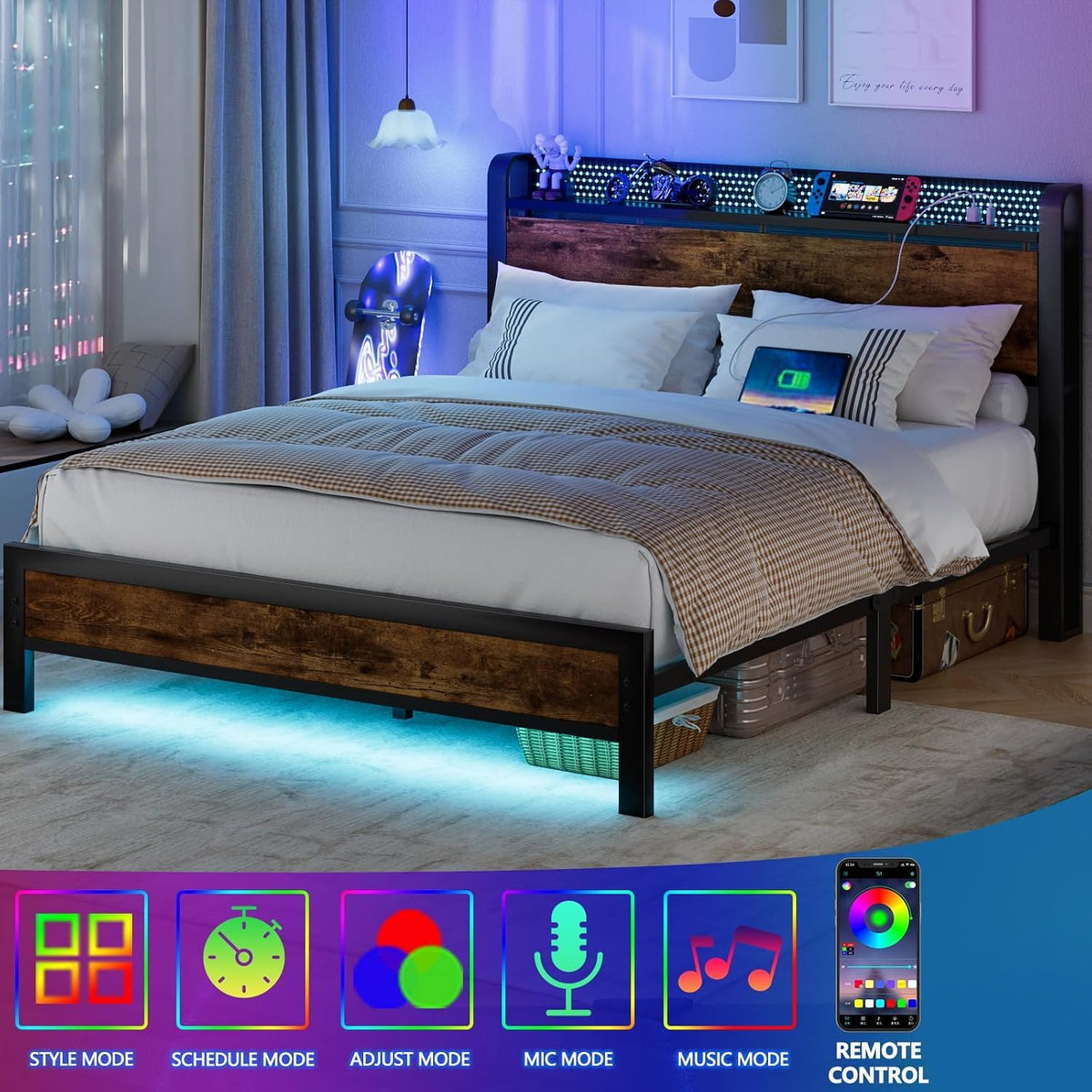 Full Bed Frame with Headboard and LED Lights O1516