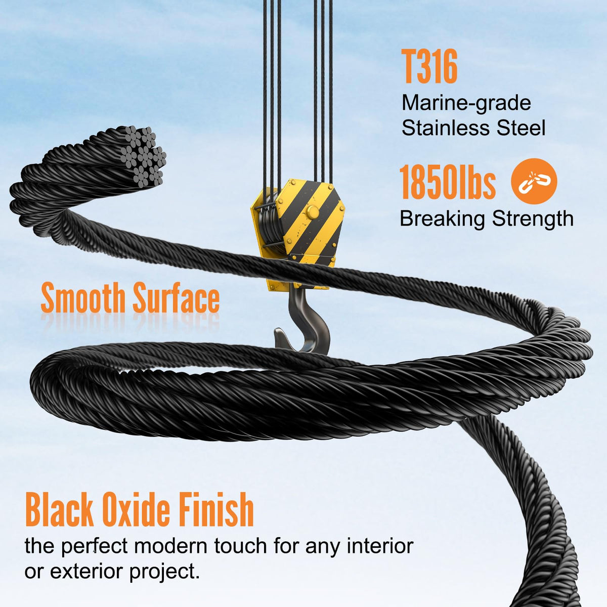 1000FT 1/8" Black Stainless Steel Cable J301