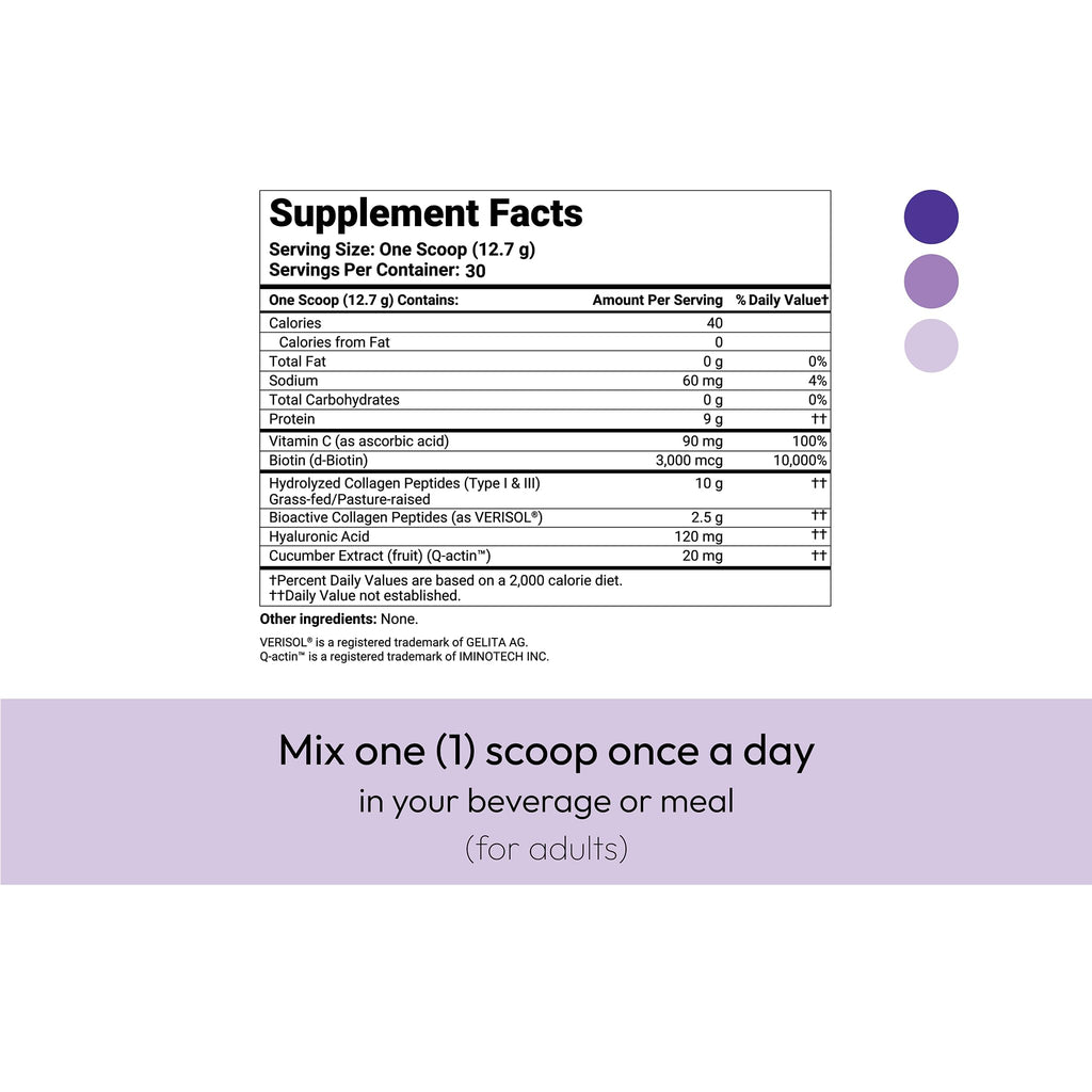 Hydrolyzed Collagen Peptides Type I & III with Vitamin C, Hyaluronic Acid, Biotin, Unflavored Powder, 30 Servings I2231