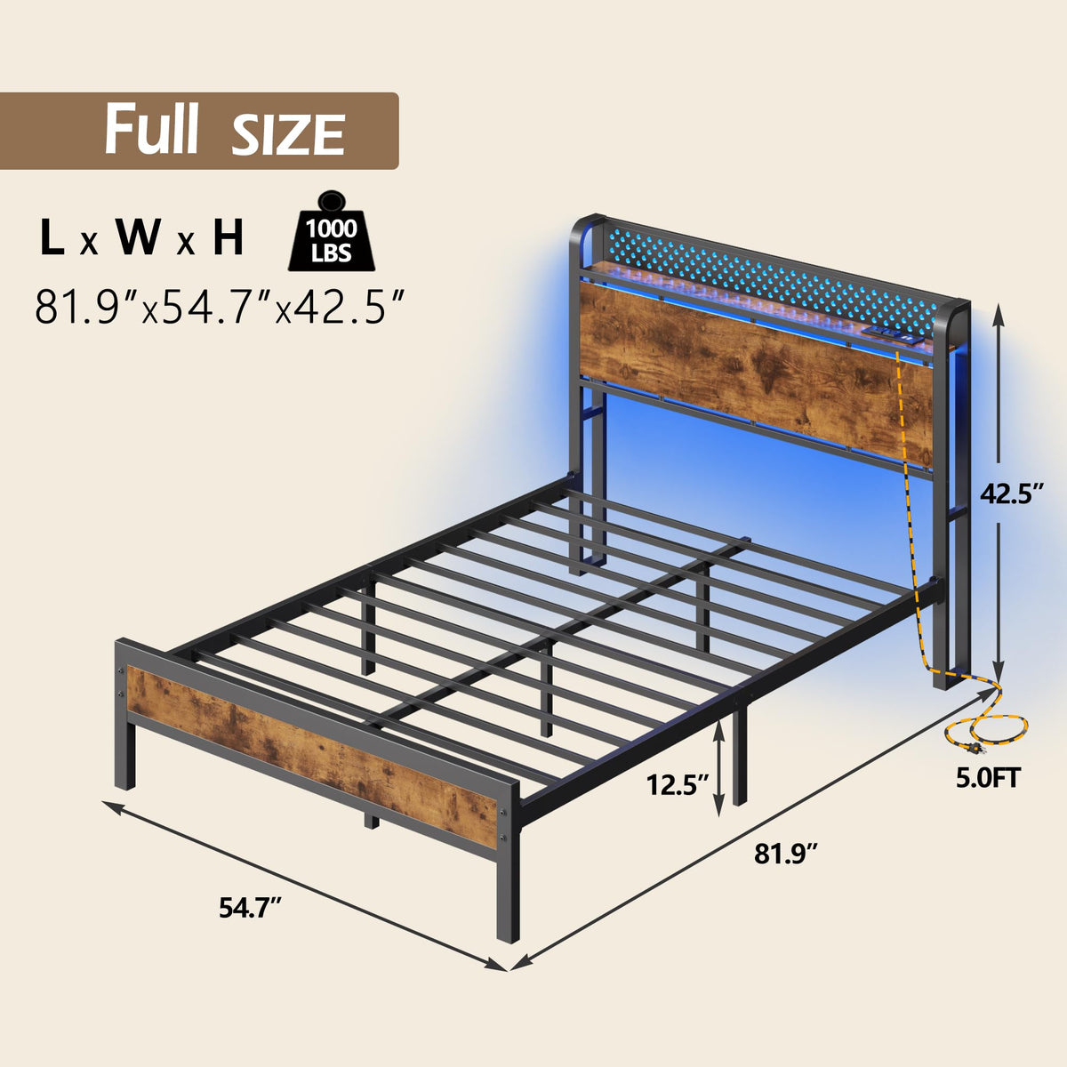 Full Bed Frame with Headboard and LED Lights O1516