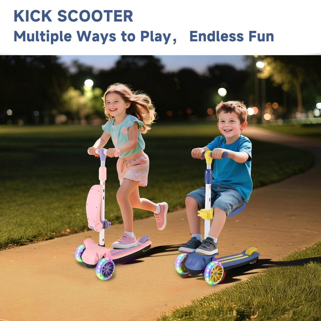 2 in 1 Kids Scooter with Removable Seat, Light up 3 Wheels, 4 Adjustable Height S8700