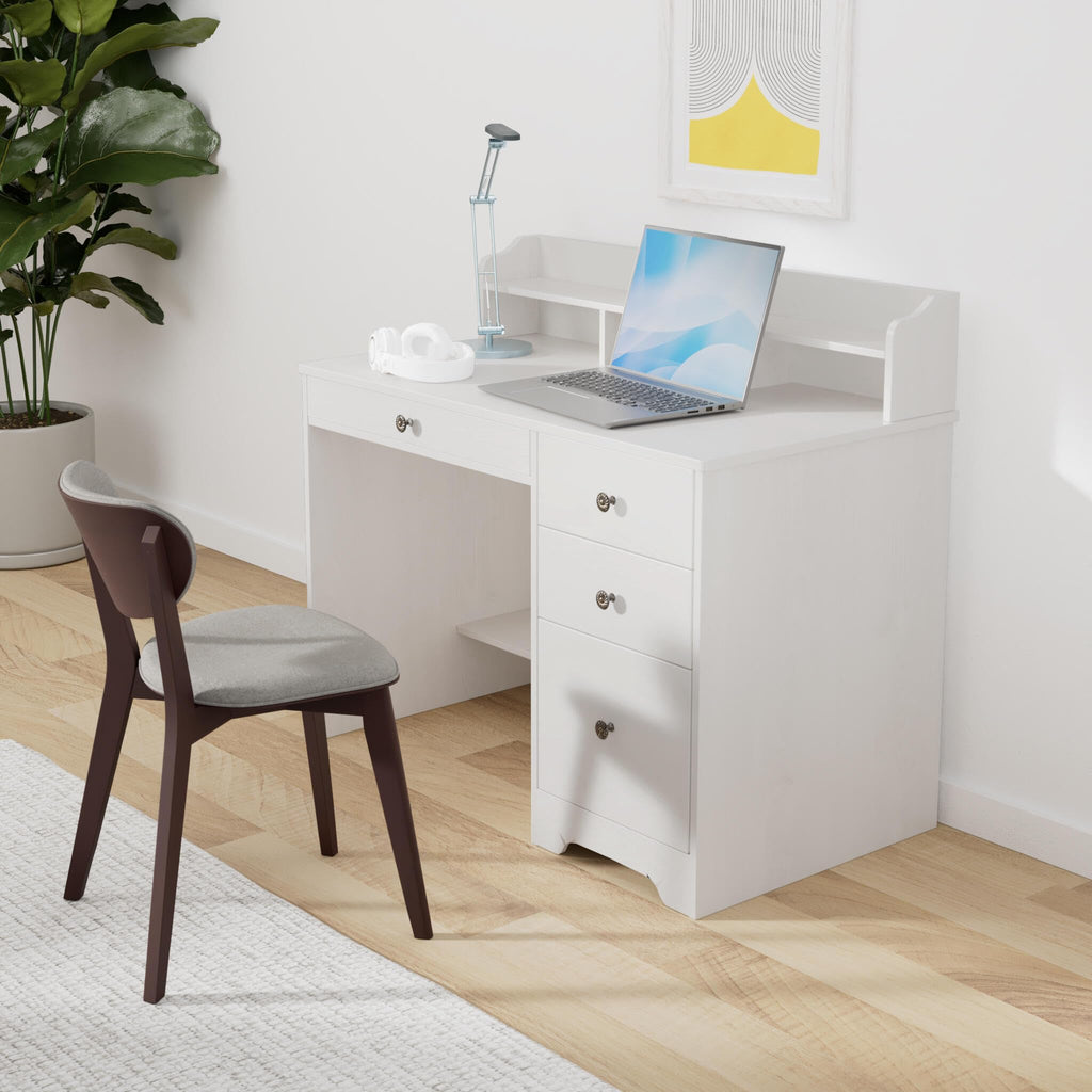 Oak White Computer Desk with 4 Drawers and Hutch Shelf K465332