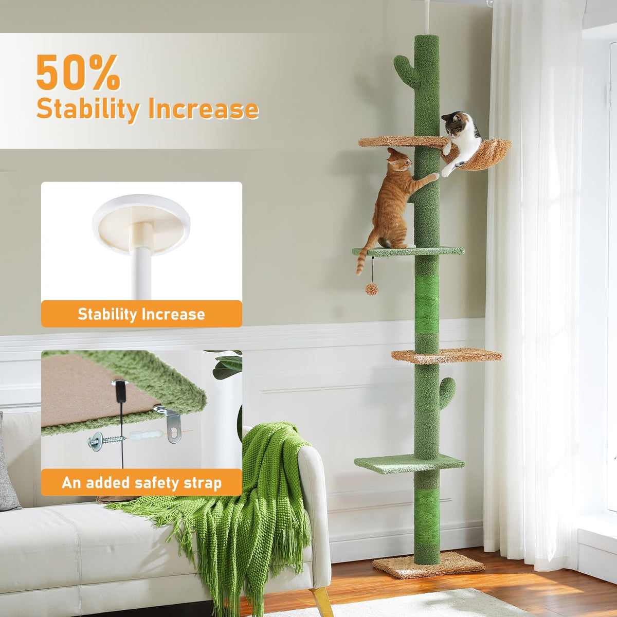 Cactus Floor-to-Ceiling 5-Tier Cat Tree with Hammock R89495