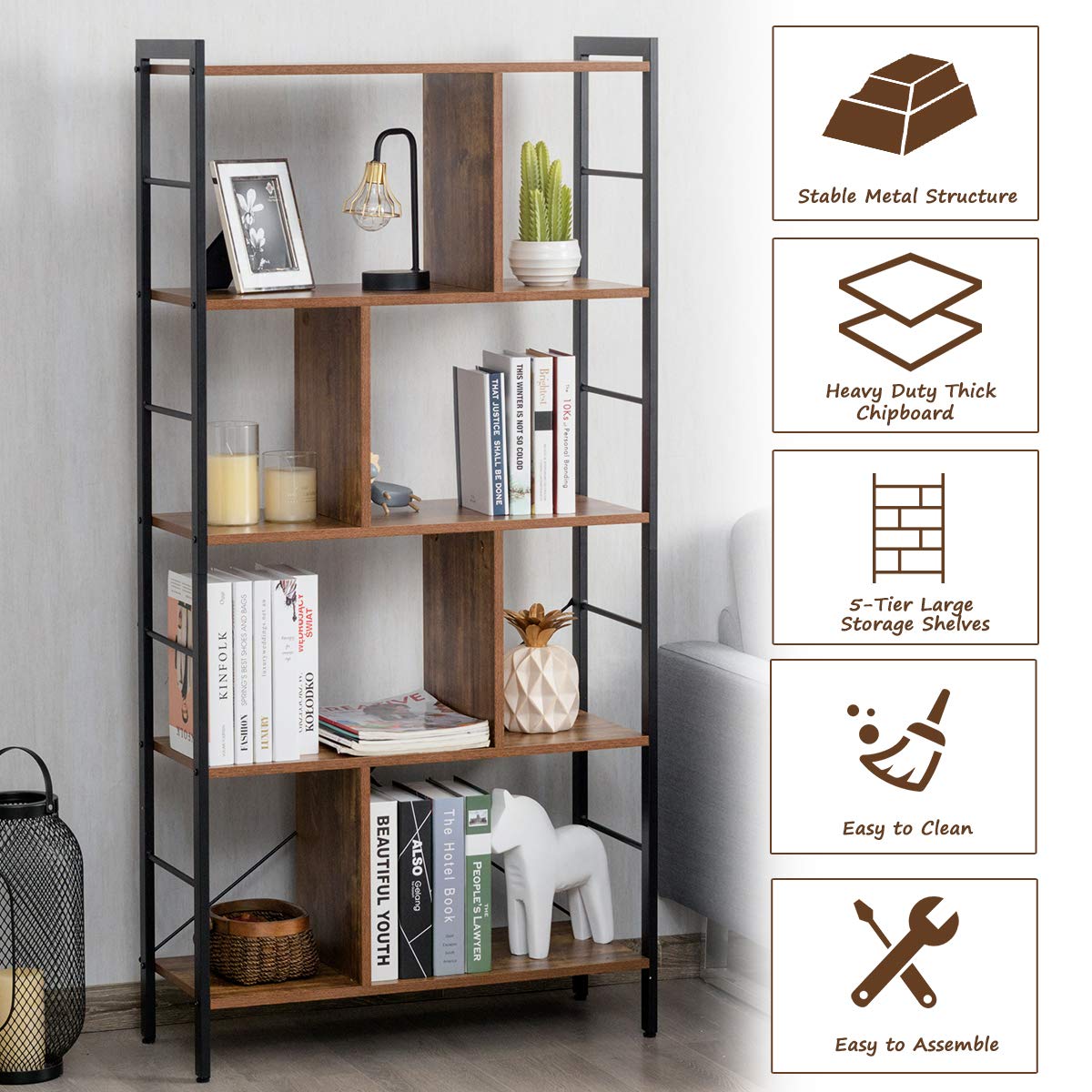 5-Tier Wood Bookshelf with Metal Frame A697