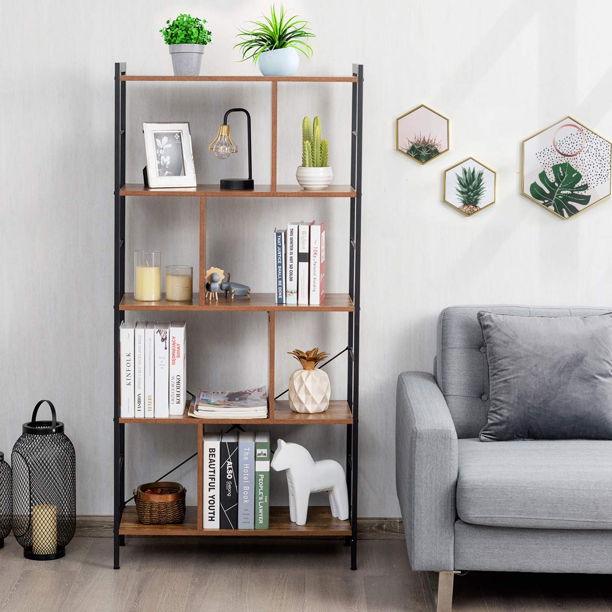 5-Tier Wood Bookshelf with Metal Frame A697