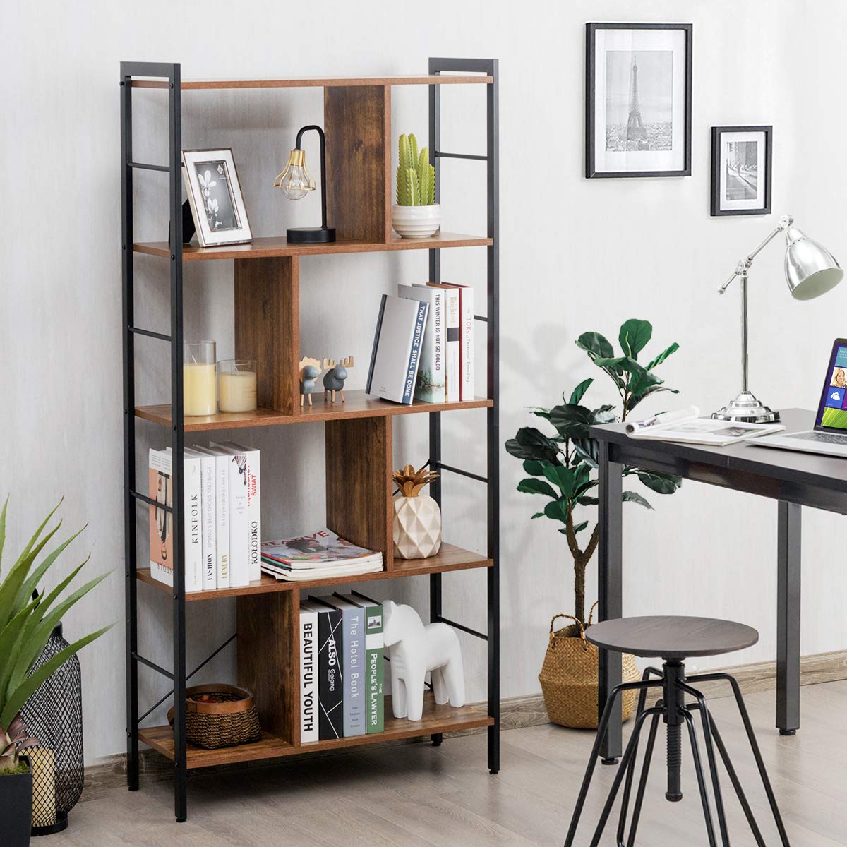 5-Tier Wood Bookshelf with Metal Frame A697
