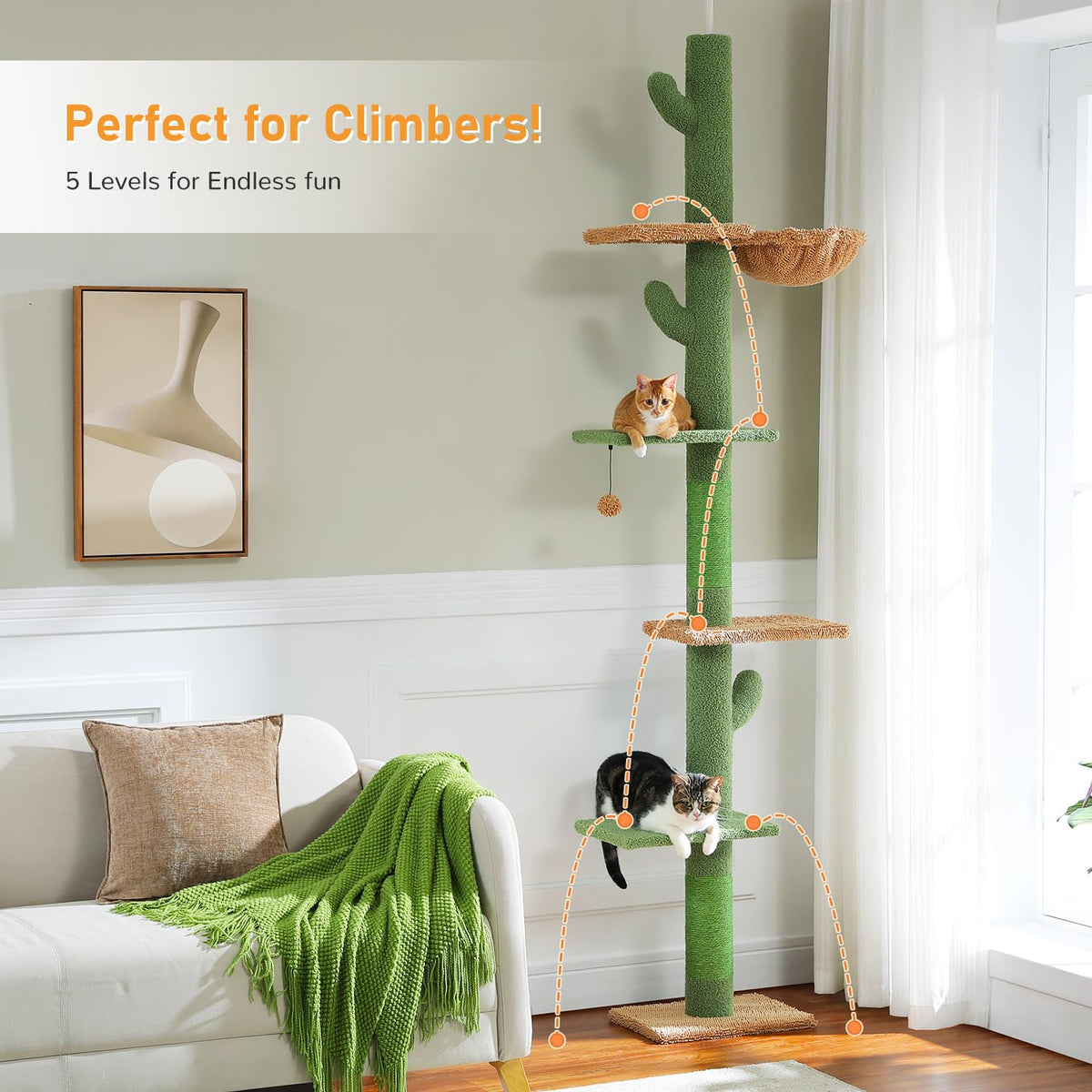 Cactus Floor-to-Ceiling 5-Tier Cat Tree with Hammock R89495