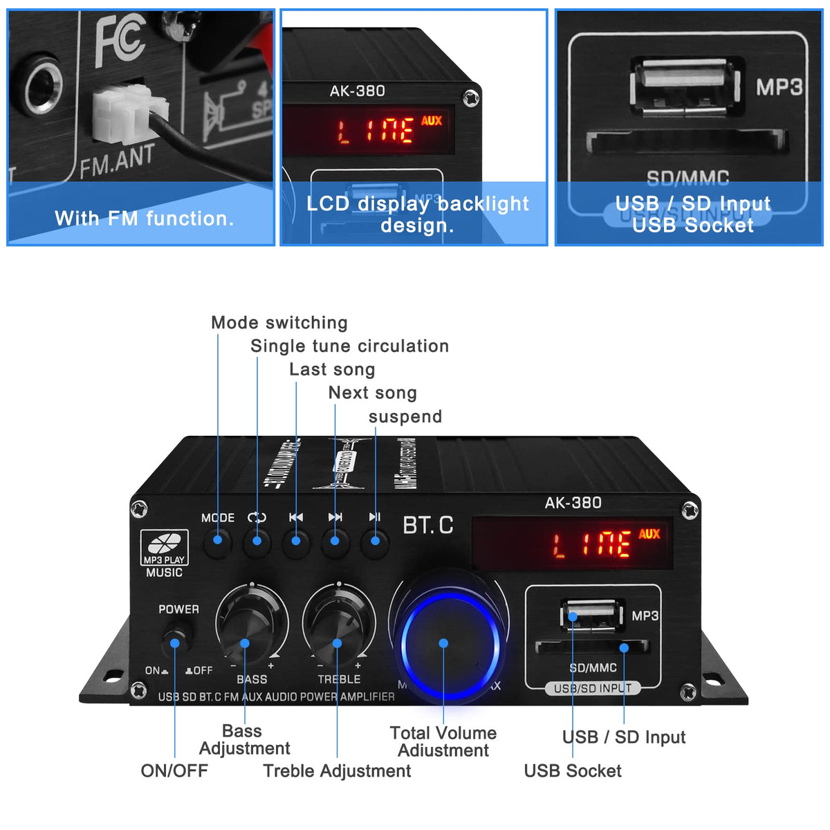 USB SD BT FM AUX Audio Power Amplifier 2.0 CH 40W+40W C919