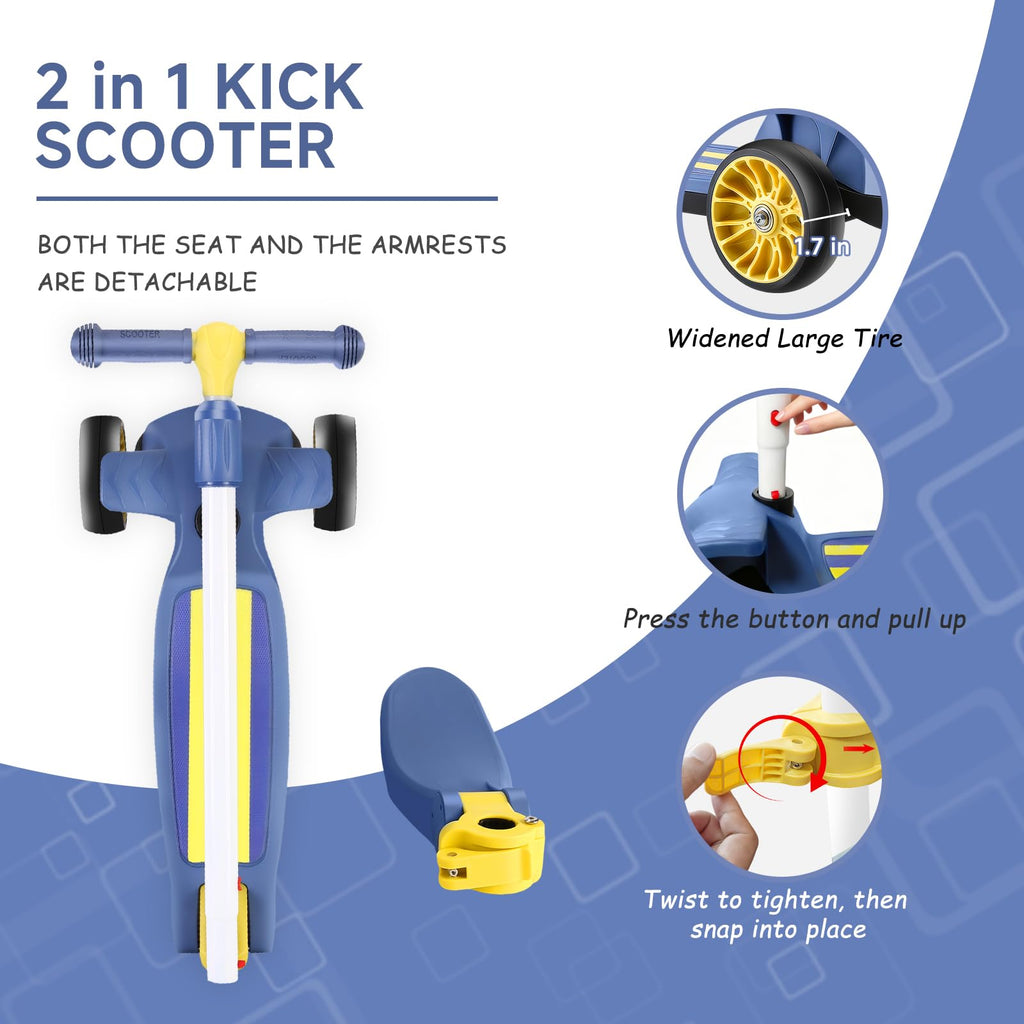 2 in 1 Kids Scooter with Removable Seat, Light up 3 Wheels, 4 Adjustable Height S8700