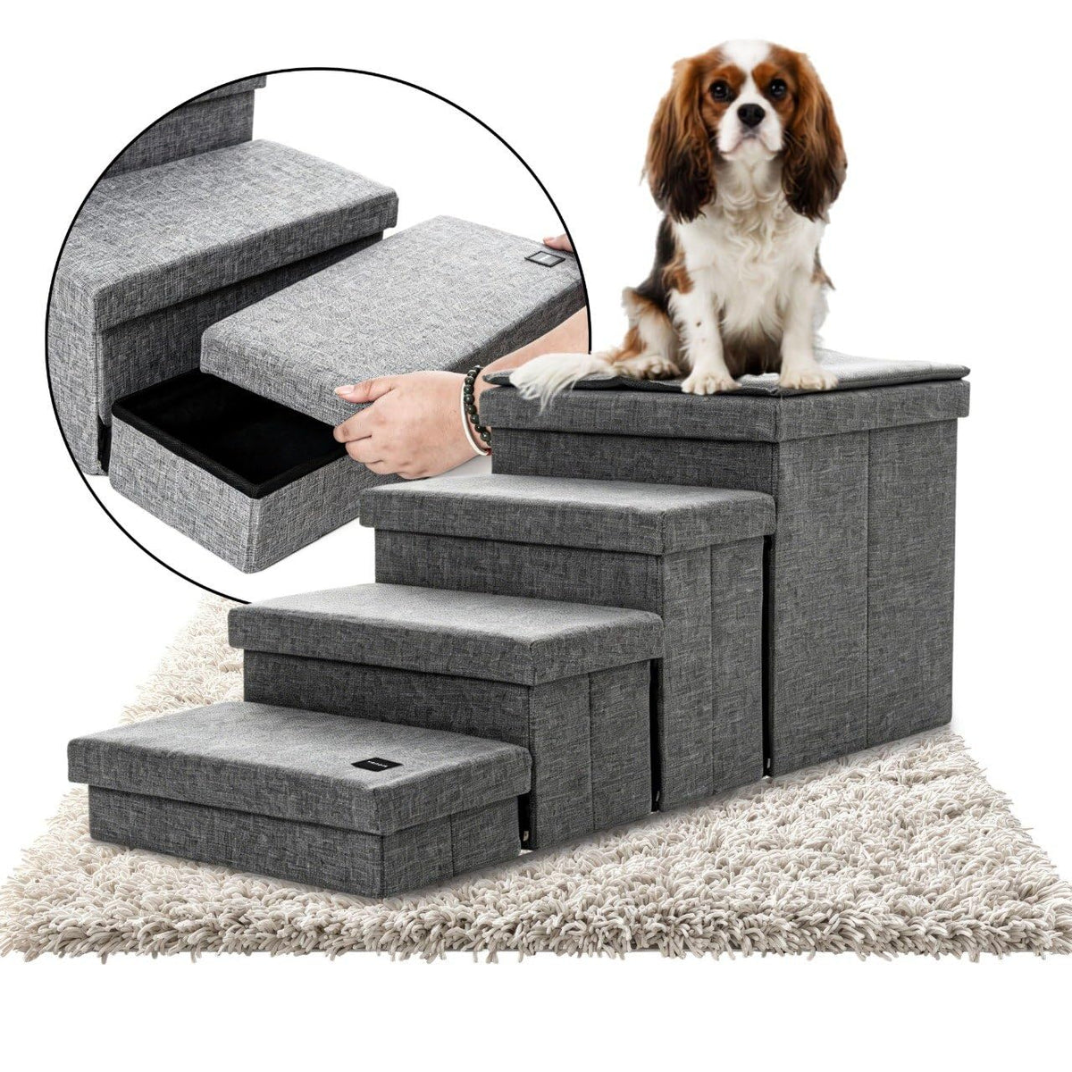 Foldable Grey 4 Steps Dog Stairs with Cushion K6299