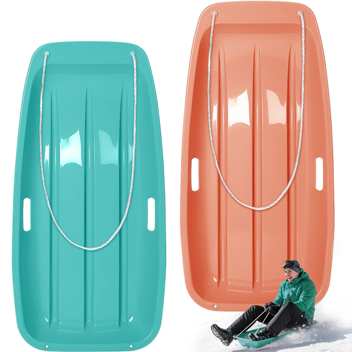 2 Pcs Plastic Snow Sled with Pull Rope and Handles Q275373