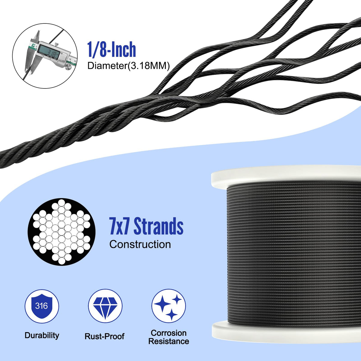 1000FT 1/8" Black Stainless Steel Cable J301