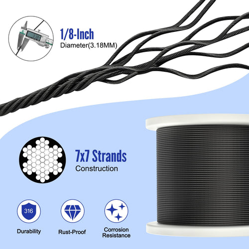 1000FT 1/8" Black Stainless Steel Cable J301