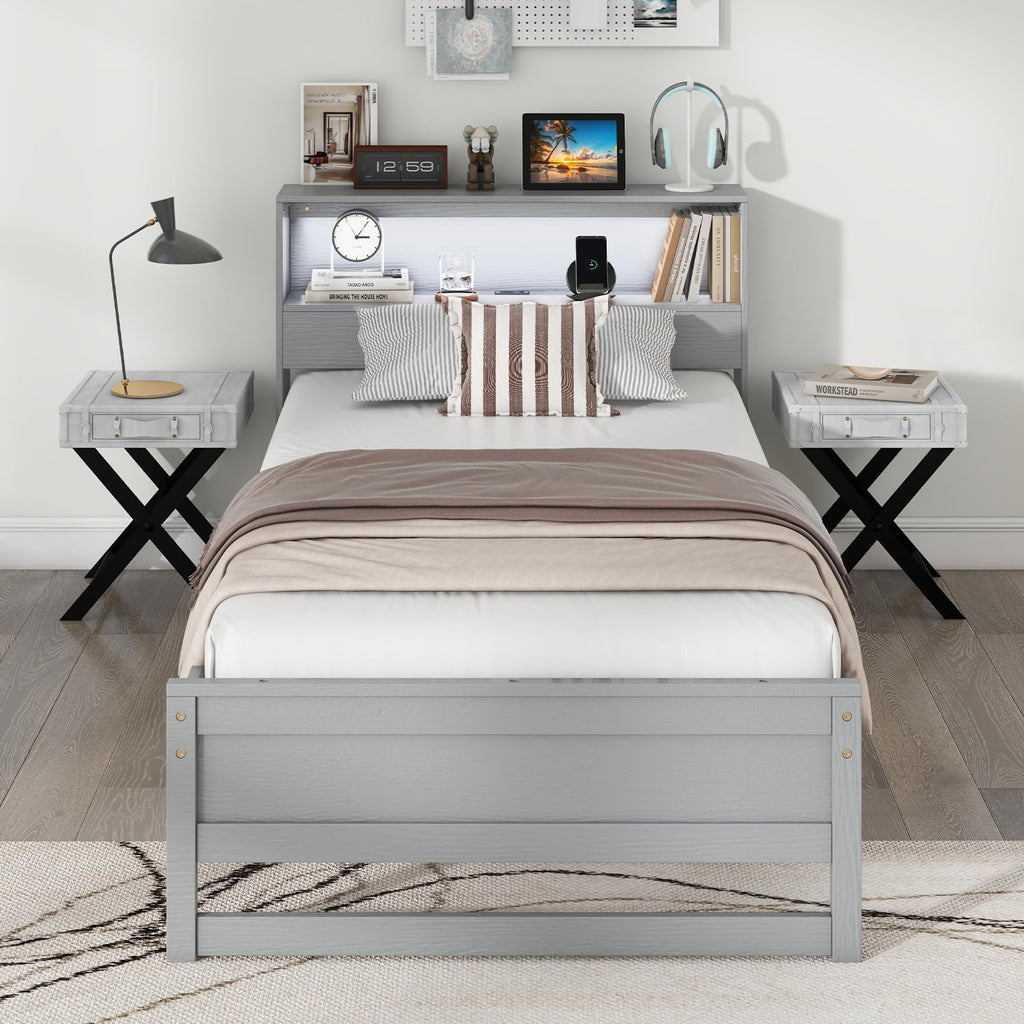 Twin Wood Platform Bed with Storage Headboard and Charging Station W754