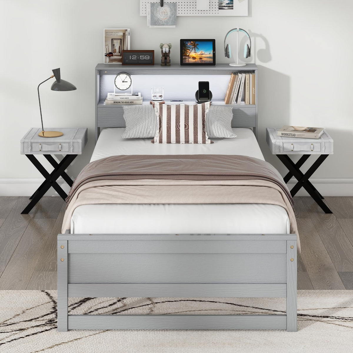 Twin Wood Platform Bed with Storage Headboard and Charging Station W754