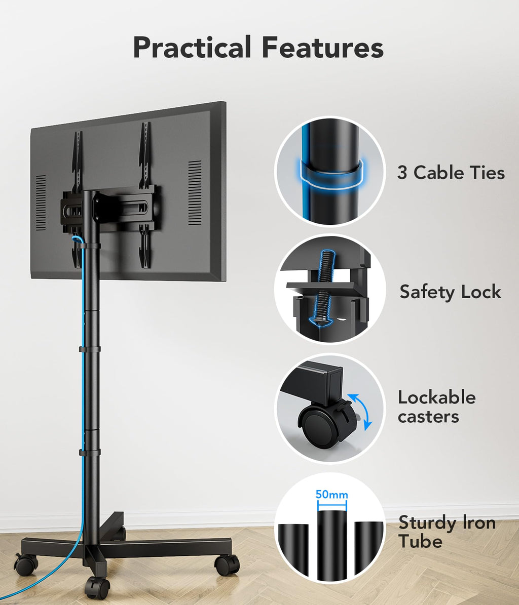 Mobile TV Cart Stand with Wheels, Height Adjustable, Holds up to 88 lbs F53528