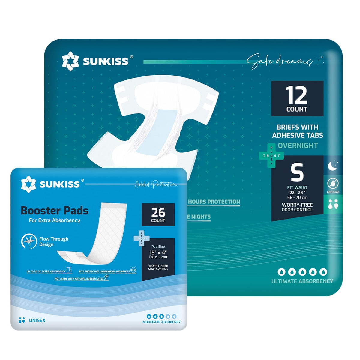 Adult Diapers Small 12 Count & Booster Pads 26 Count T350