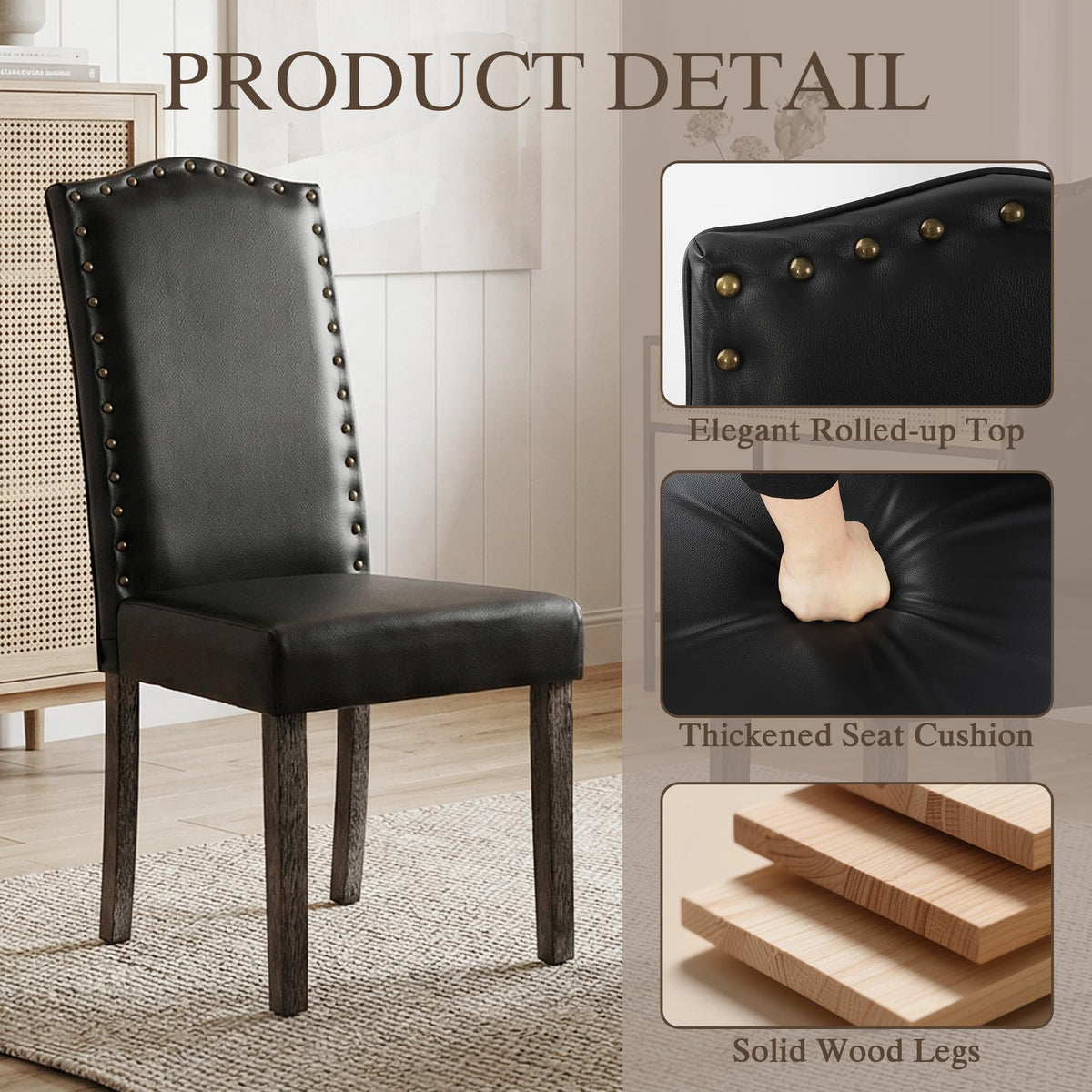PU Dining Chair Set of 2 Upholstered with Copper Nails and Solid Wood Legs O729649