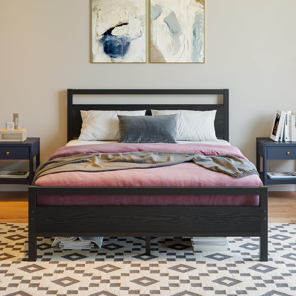 Black Full Size Bed Frame with Wood Headboard and Storage A468979