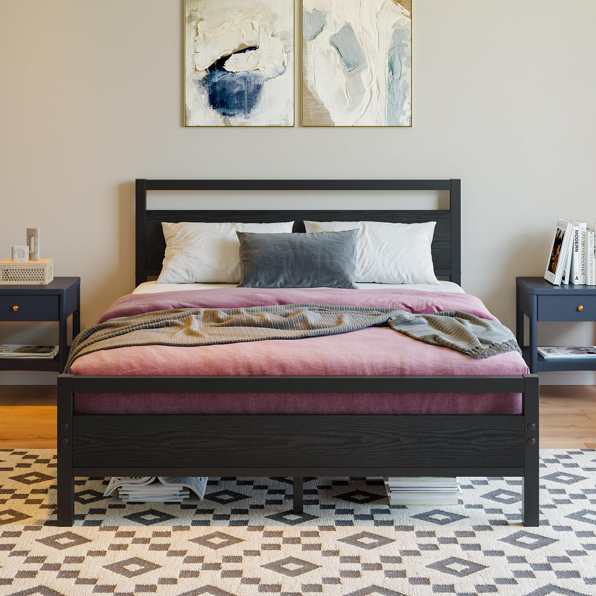 Black Full Size Bed Frame with Wood Headboard and Storage A468979