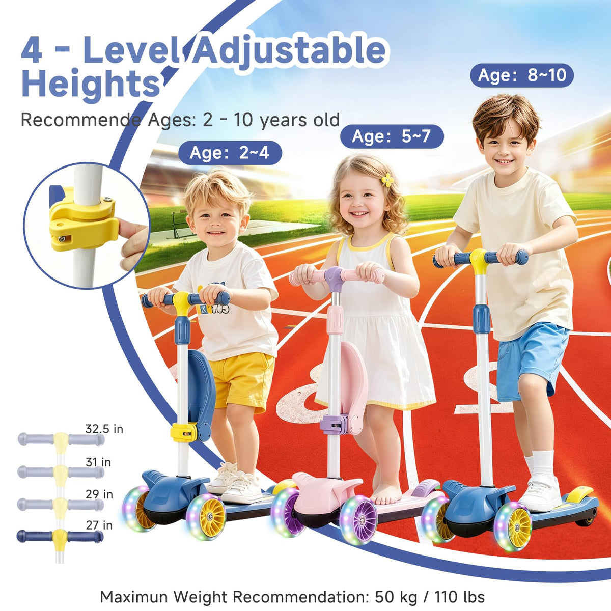 2 in 1 Kids Scooter with Removable Seat, Light up 3 Wheels, 4 Adjustable Height S8700