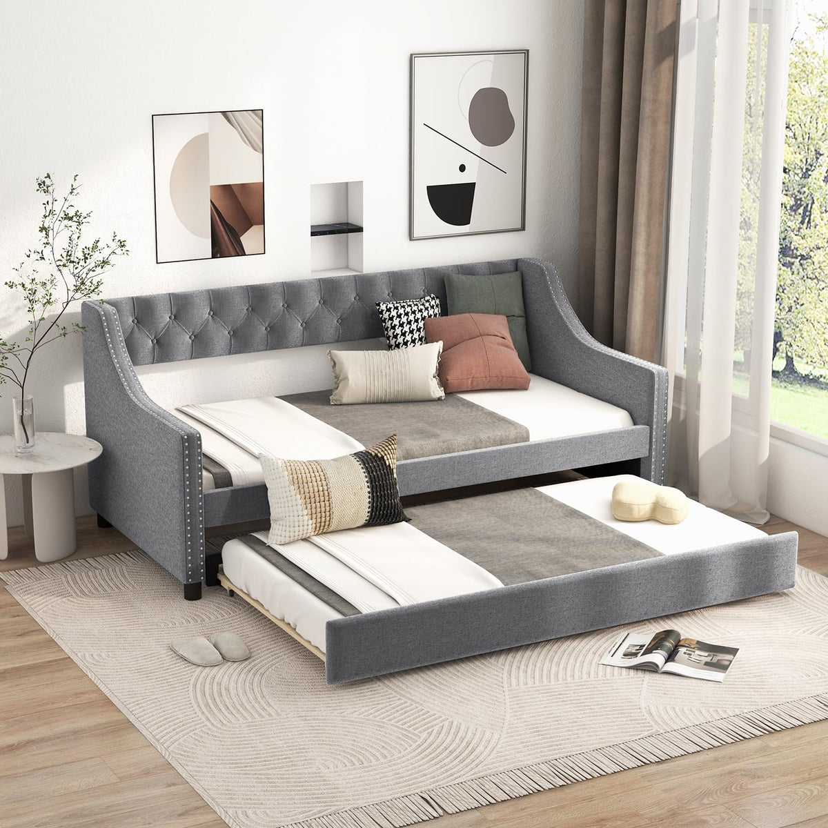 Upholstered Twin Daybed with Trundle Grey E306
