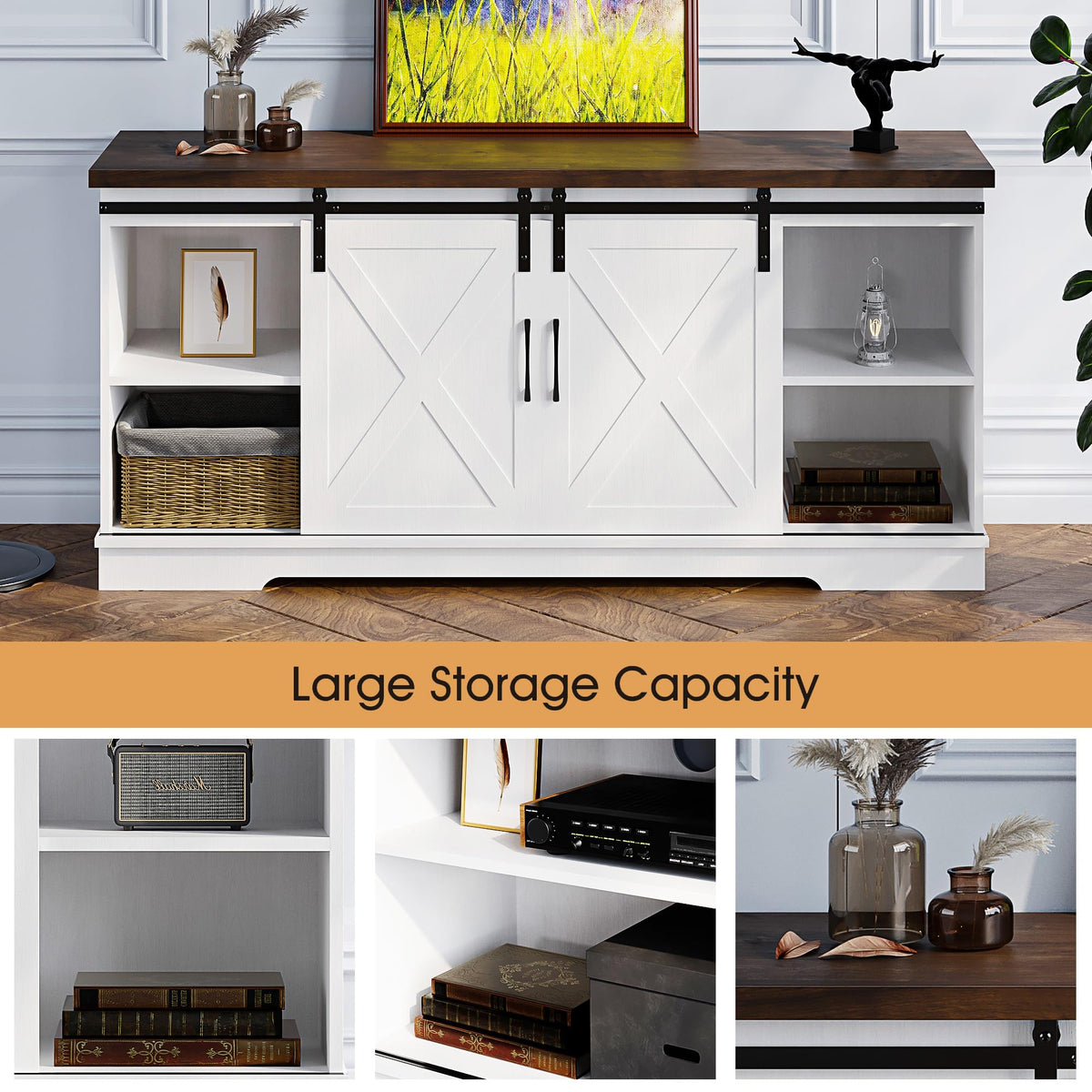 White Wood TV Stand with Sliding Barn Doors I37999