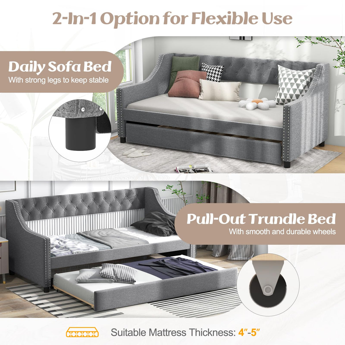 Upholstered Twin Daybed with Trundle Grey E306