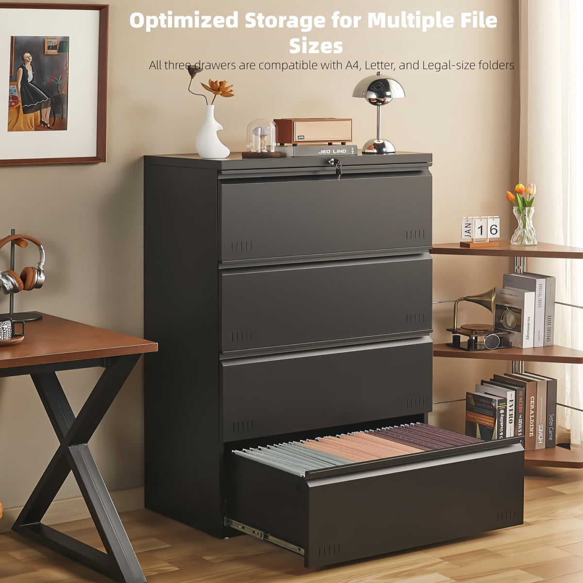 Metal File Cabinet with Lock, 4 Drawer Heavy Duty Office Storage Cabinet Y574